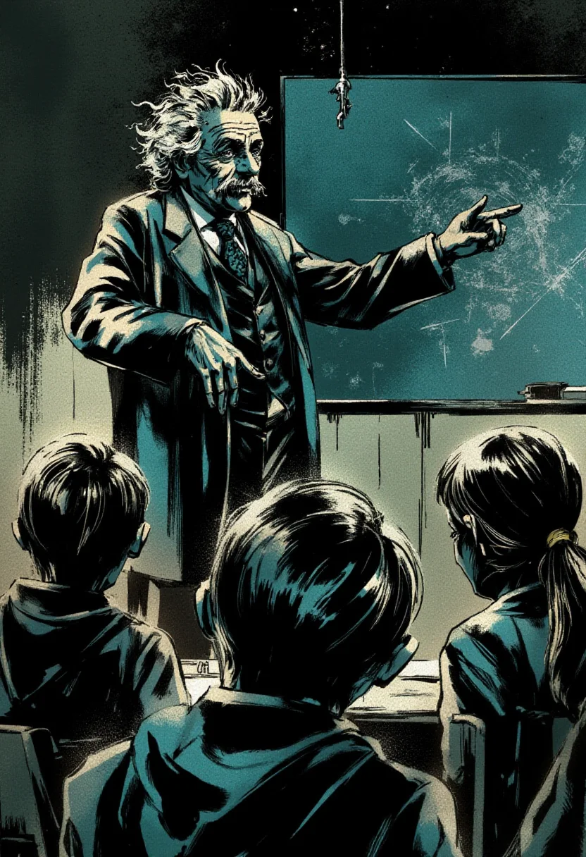 <lora:Yoji_Shinkawa_Style_FLUX-000012:0.9>
This is a digital illustration in a manga-inspired, dark, and gritty yshinkawa style. The artwork features Albert Einstein teaching in front of a chalkboard in a classroom full of students
