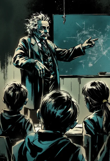 <lora:Yoji_Shinkawa_Style_FLUX-000012:0.9>
This is a digital illustration in a manga-inspired, dark, and gritty yshinkawa style. The artwork features Albert Einstein teaching in front of a chalkboard in a classroom full of students