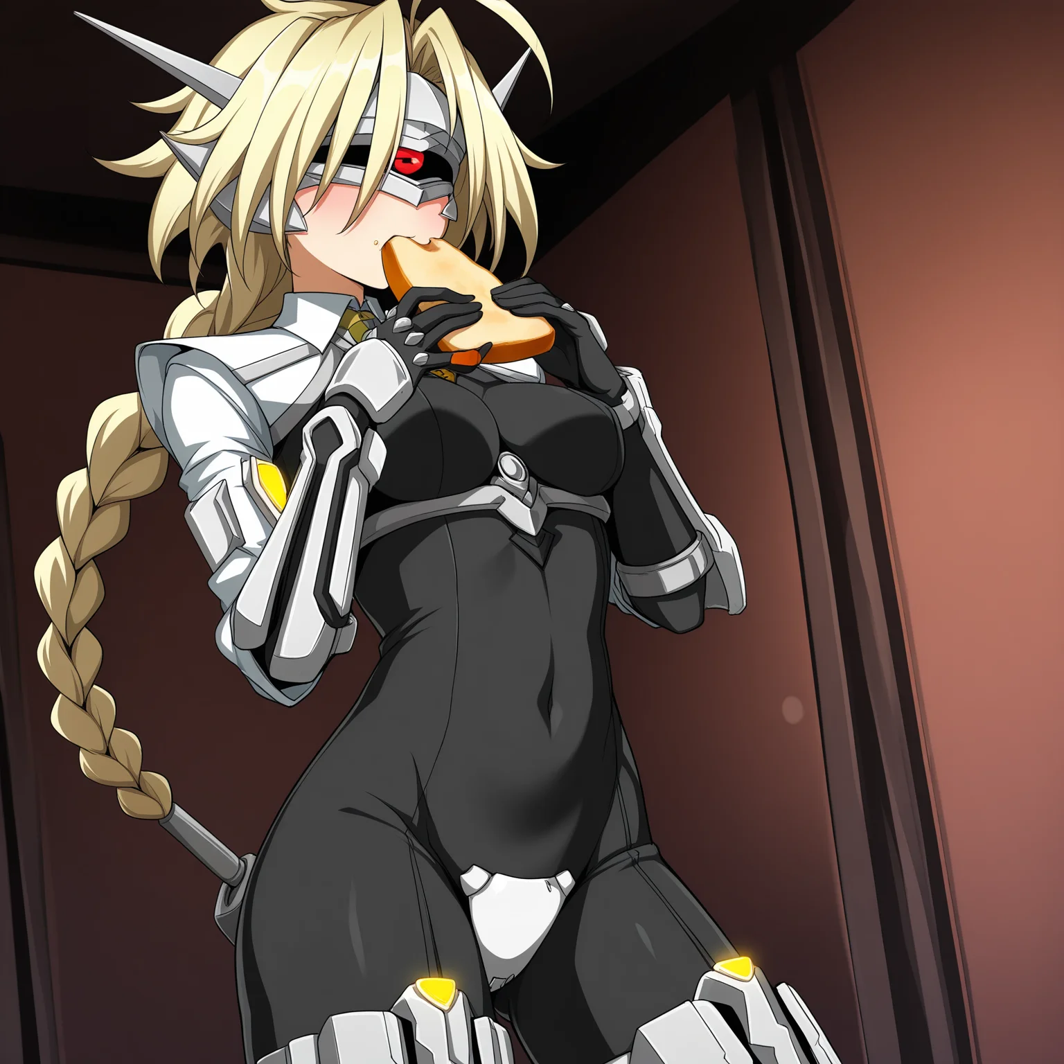 masterpiece, best quality, amazing quality, anime screencap, 1girl, solo, standing, cowboy shot, annoyed, eating, bread slice, <lora:lambda-11:0.9>, lambda-11, blonde hair, ahoge, braided ponytail, single braid, visor, covered eyes, one-eyed, black bodysuit, covered navel, white shoulder armor, white crotch plate, covered groin, leg armor,