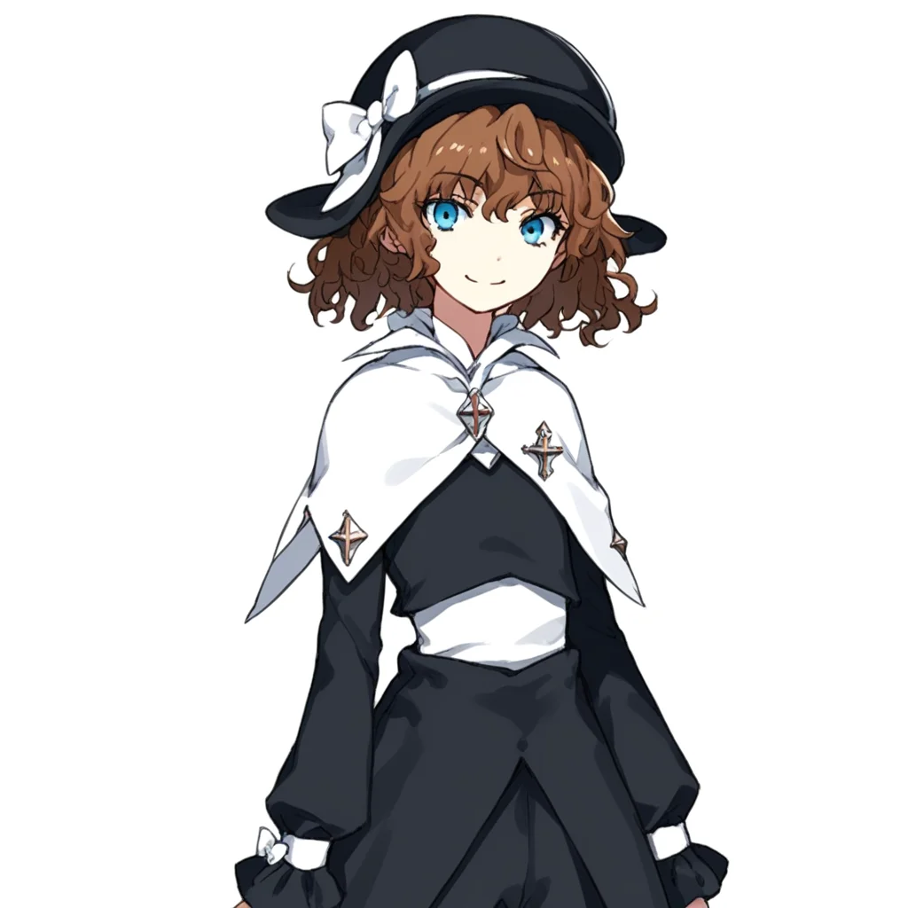 anime coloring, score_9, score_8_up, score_7_up, score_6_up, mallybath blackbell, toaru, 1girl, hat, solo, brown hair, blue eyes, smile, short hair, capelet, white background, simple background, bow, hat bow, looking at viewer, cross, androgynous, black headwear, long sleeves
