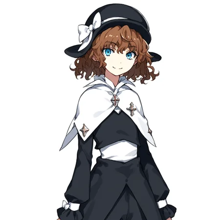 anime coloring, score_9, score_8_up, score_7_up, score_6_up, mallybath blackbell, toaru, 1girl, hat, solo, brown hair, blue eyes, smile, short hair, capelet, white background, simple background, bow, hat bow, looking at viewer, cross, androgynous, black headwear, long sleeves