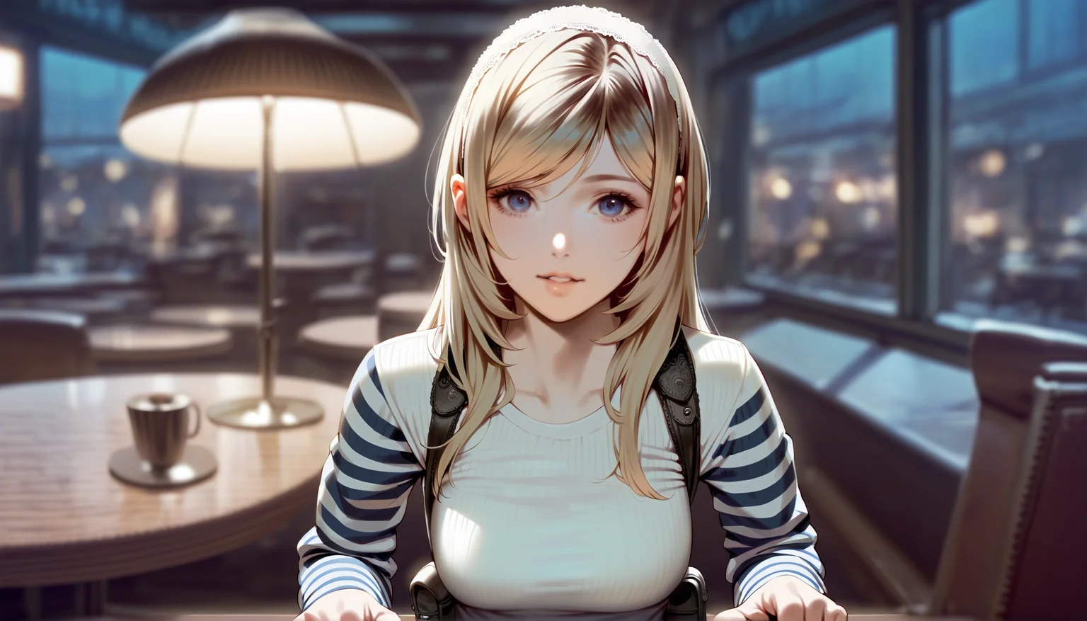 score_9,score_8_up,
realistic,(bloom:1.2),
<lora:leanne:1>,leanne,
1girl, solo, blonde hair, long hair, bangs, lace hairband with flower, blue eyes, looking at viewer, parted lips, white long sleeve shirt with blue striped sleeves, belt pouch, portrait, hands on counter, indoors, night, cafe, window, lamp, blurred background