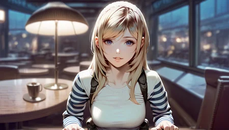 score_9,score_8_up,
realistic,(bloom:1.2),
<lora:leanne:1>,leanne,
1girl, solo, blonde hair, long hair, bangs, lace hairband with flower, blue eyes, looking at viewer, parted lips, white long sleeve shirt with blue striped sleeves, belt pouch, portrait, hands on counter, indoors, night, cafe, window, lamp, blurred background