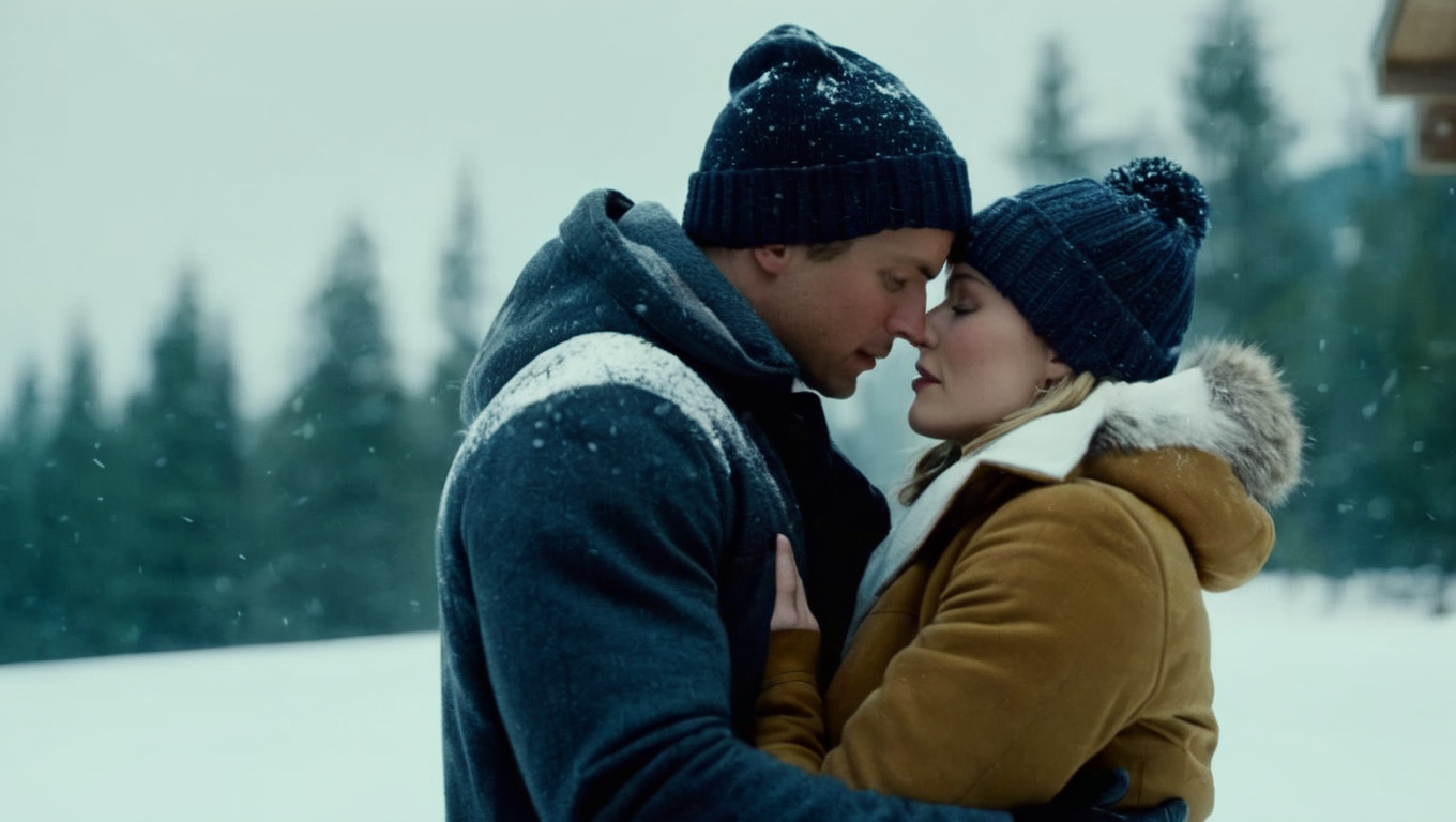 cinematic film still of  <lora:Cinematic Film:1> Cinematic Film stock footage in (arri alexa style) Kodak film print, a man and a woman are embracing in the snow Cinematic Film Style, shallow depth of field, vignette, highly detailed, high budget, bokeh, cinemascope, moody, epic, gorgeous, film grain, grainy
