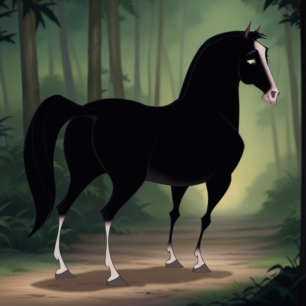 masterpiece, best quality, amazing quality, KhanMlnil, feral, male, horse, black fur, black hair, green eyes, black tail, standing, forest,, <lora:378db581-dd2c-422c-9de0-bfe156ed32ad:1.0>