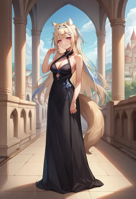 score_9, score_8_up, source_anime, 1girl, solo, FuwawaAbyssgard, long hair, two side up, streaked hair, hairband, hairclip, tail, elegant, long dress, black dress, halterneck, smile, indoors, palace, jewelry, standing, <lora:ChamFuwawaAbyssgardPonyXL:1>