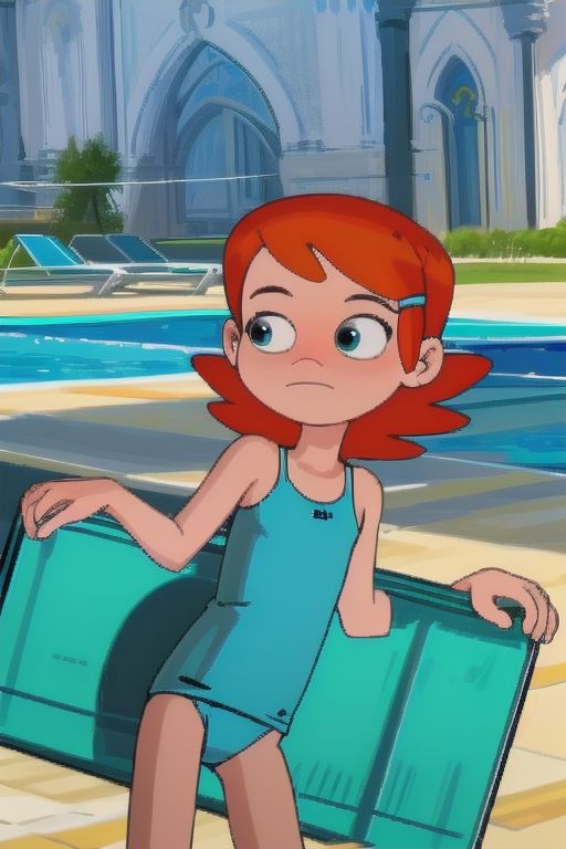 masterpiece,high quality,solo,outdoors, gwen, blue swimsuit