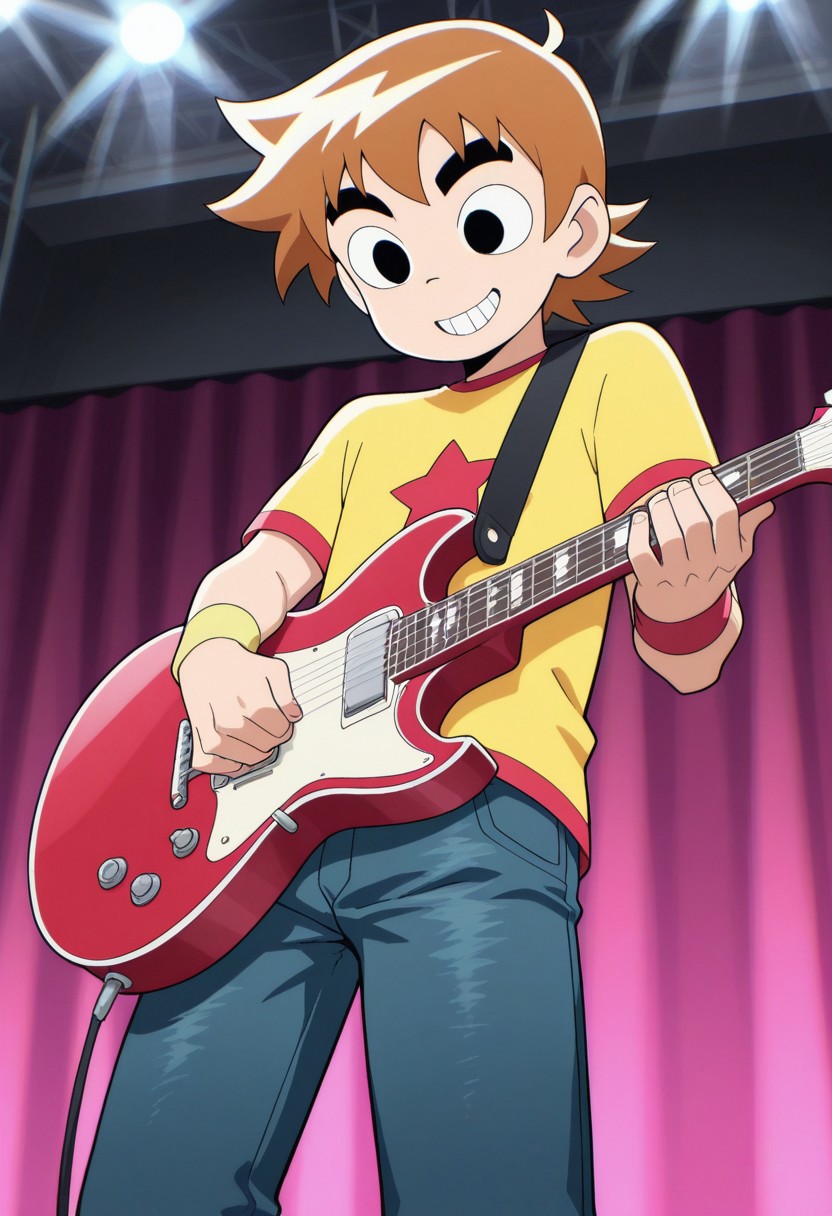 masterpiece,best quality,amazing quality, source_anime,
scotpilgr, 1boy, male focus, solo, black eyes, brown hair, short hair, t-shirt, yellow shirt, star (symbol), wristband, jeans,
indoor, stage, lights, electric guitar, grin,