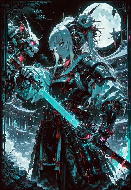 1girl, cybernetic, samurai, long hair, white hair, double buns, fanged bangs, Japanese armor, futuristic, cyberpunk, robot, black_gloves, fingerless_gloves, holding_weapon, armor, from_side, profile, blood, night, glowing, holding_sword, moon, shoulder_armor, full_moon, pauldrons, japanese_armor, arm_guards, dark_theme, glowing_katana, full_moon, energy_sword, glowing_sword, (monochrome, negative space:1.2), dark, huge_moon, anime screencap, black background, color key, painterly, rim lighting, no line art, no outline, photo (medium), fine art, masterpiece, best quality, good quality, very awa, very aesthetic, absurdres, newest, 8k, high contrast, in the style of cknc,
