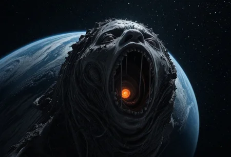 masterpiece, ultra realistic, ultra detailed, horror theme, dark theme, a massive ab0m cosmic horror swallowing a space station, glowing eyes, inwytk01illus, b1ue, r1d, b1ack, mu1ti