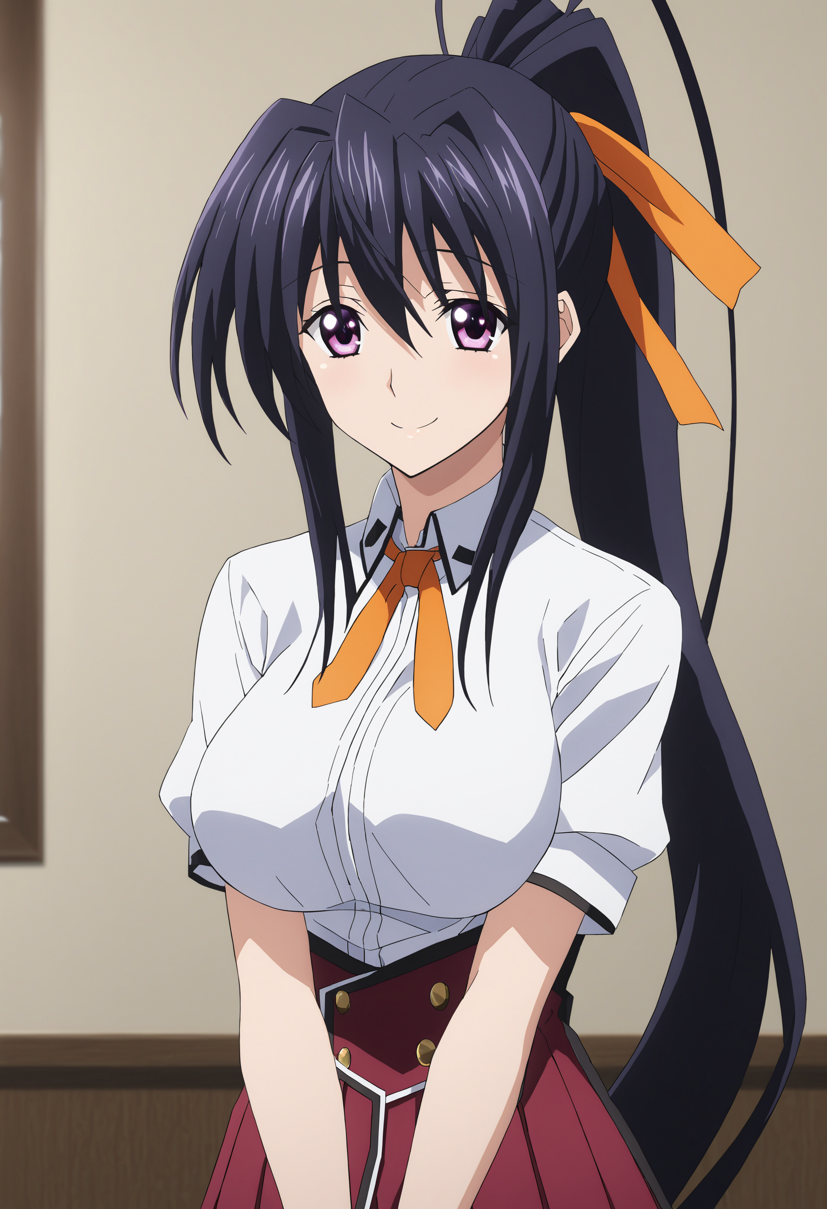 sysdeep_akeno, 1girl, solo, long_hair, looking_at_viewer, smile, large_breasts, shirt, black_hair, ribbon, hair_between_eyes, very_long_hair, school_uniform, purple_eyes, hair_ribbon, white_shirt, ponytail, short_sleeves, indoors, neck_ribbon, high_ponytail, v_arms, orange_ribbon,  <lora:Akeno Himejima - [High School DxD] - XL Version 1:1>
