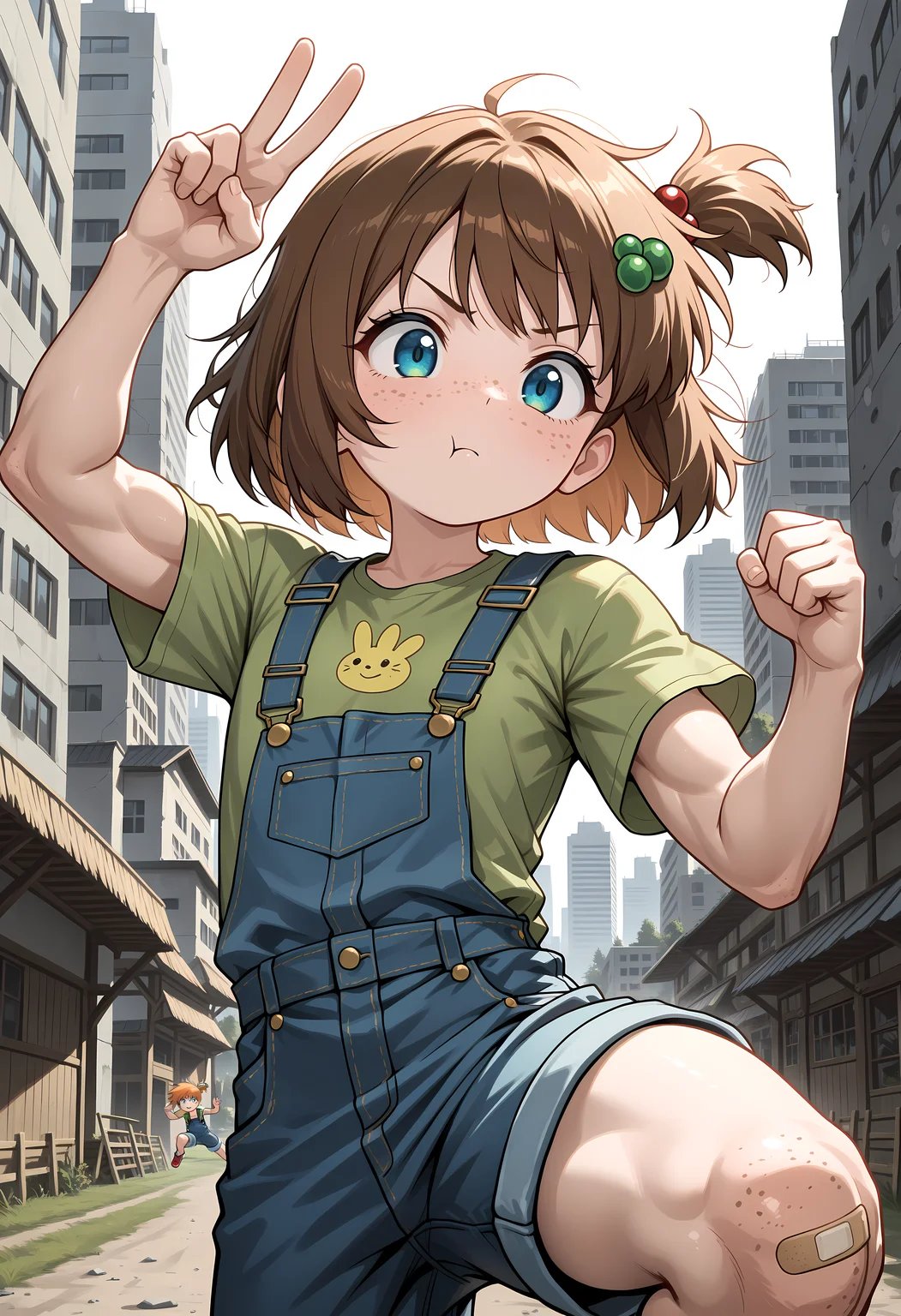 <lora:add-detail-xl:1>,masterpiece,best quality,amazing quality,very aesthetic,absurdres,newest,huge filesize,<lora:spo_sdxl_10ep_4k-data_lora_webui:0.5>,1girl, freckles, brown hair, bandaid, blue eyes, , short hair, hair ornament, bandaid on knee, face focus,farm background,Lily Hopkins, <lora:lily_hopkins_ill:0.8>,,flat chest,peace sign,blue overalls,green shirt,,Leaping Warrior,dynamic pose,jumping,flipping,kicking,punching,strong muscles,toned physique,athletic build,determined expression,fierce gaze,shaded areas,dramatic lighting,bold shadows,urban background,cityscape,skyscrapers,sleek architecture,misty atmosphere,grey tones,concrete jungle