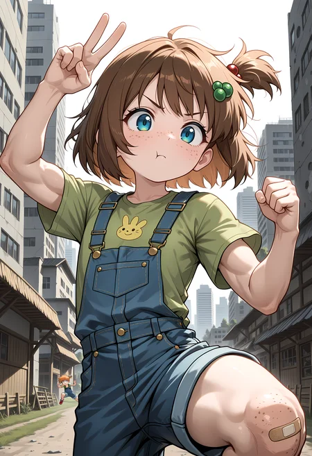 <lora:add-detail-xl:1>,masterpiece,best quality,amazing quality,very aesthetic,absurdres,newest,huge filesize,<lora:spo_sdxl_10ep_4k-data_lora_webui:0.5>,1girl, freckles, brown hair, bandaid, blue eyes, , short hair, hair ornament, bandaid on knee, face focus,farm background,Lily Hopkins, <lora:lily_hopkins_ill:0.8>,,flat chest,peace sign,blue overalls,green shirt,,Leaping Warrior,dynamic pose,jumping,flipping,kicking,punching,strong muscles,toned physique,athletic build,determined expression,fierce gaze,shaded areas,dramatic lighting,bold shadows,urban background,cityscape,skyscrapers,sleek architecture,misty atmosphere,grey tones,concrete jungle