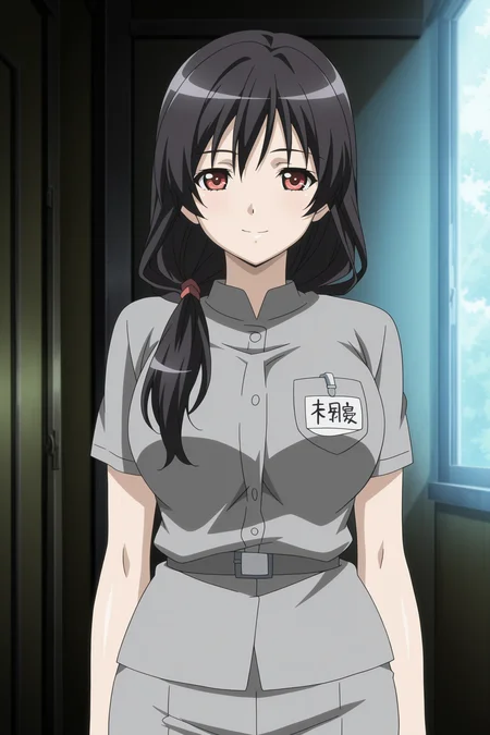 anime screencap, anime coloring, detailed face, masterpiece, best quality, very aesthetic, absurdres, volumetric lighting, official style, amazing quality, ultra detailed,  highres, amazing quality, scenery, beautiful detailed hair, beautiful detailed eyes,
<lora:Rin_x_Sen_+_Ran-Sem:1>
in a room,
Kaori Sakaki (character), 1girl, solo, black hair, red eyes, gray uniform,gray pants, smile, name tag, long hair, hair over shoulder, breasts, large breasts, cowboy shot, looking at the viewer,