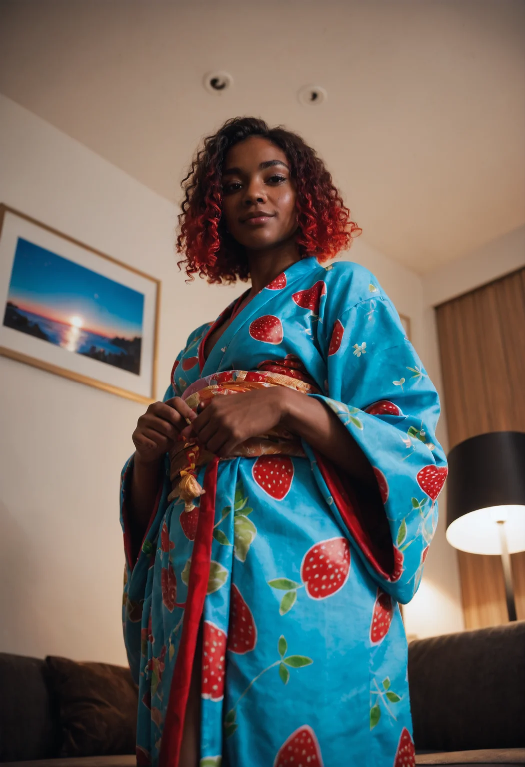 score_9, score_8_up, score_7_up, source_photo, polaroid style, colorful LED lights, 1girl, Midlife Late Middle Age, average body, Dark skin, Strawberry Red hair, kimono, living room, low angle (worm's eye view), rating_safe
