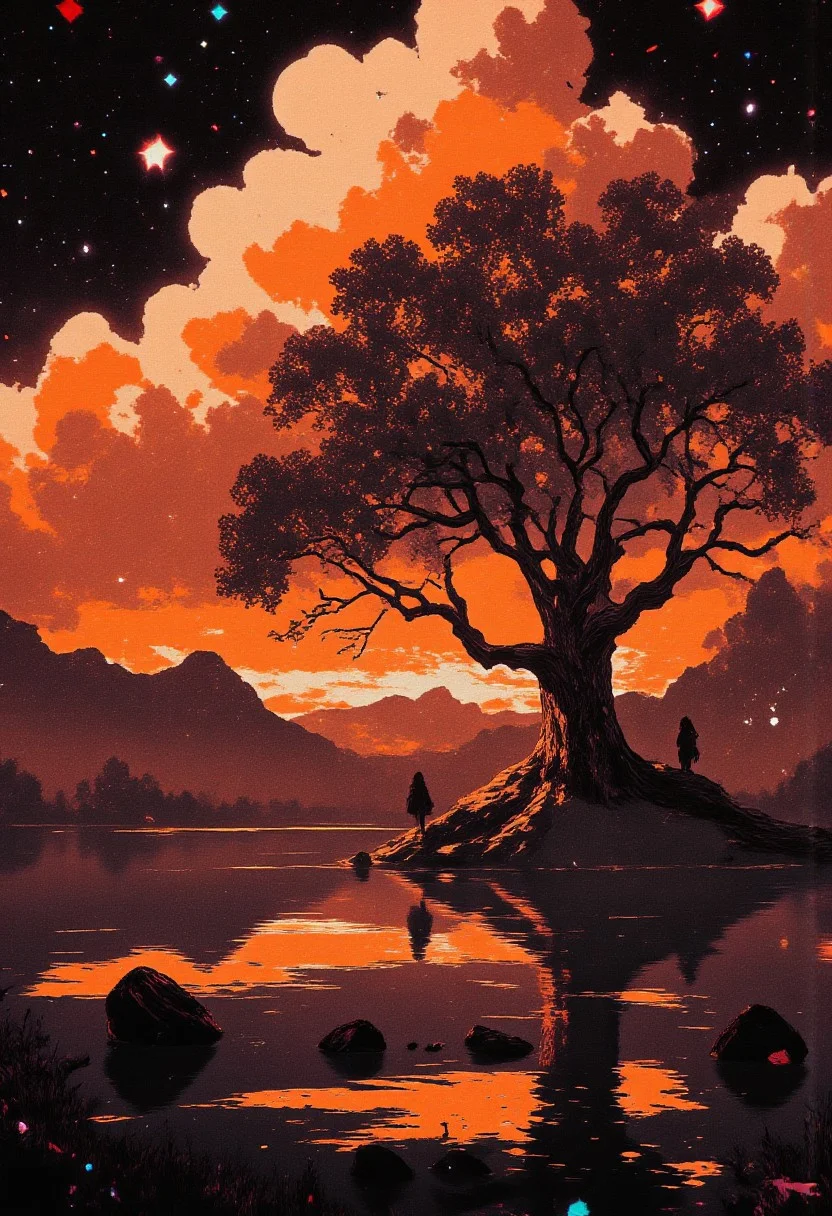 lndscpx, a monochromatic Landscape scenery, starry Sky, high resolution and very detailed moody anime image with a moody sunset behind billowing clouds, nightly sky, a large Neon orange 3d oak tree is growing besides a small Lake, reflections of some otherworldy glitches are visible in the Lake surface, neon-mist