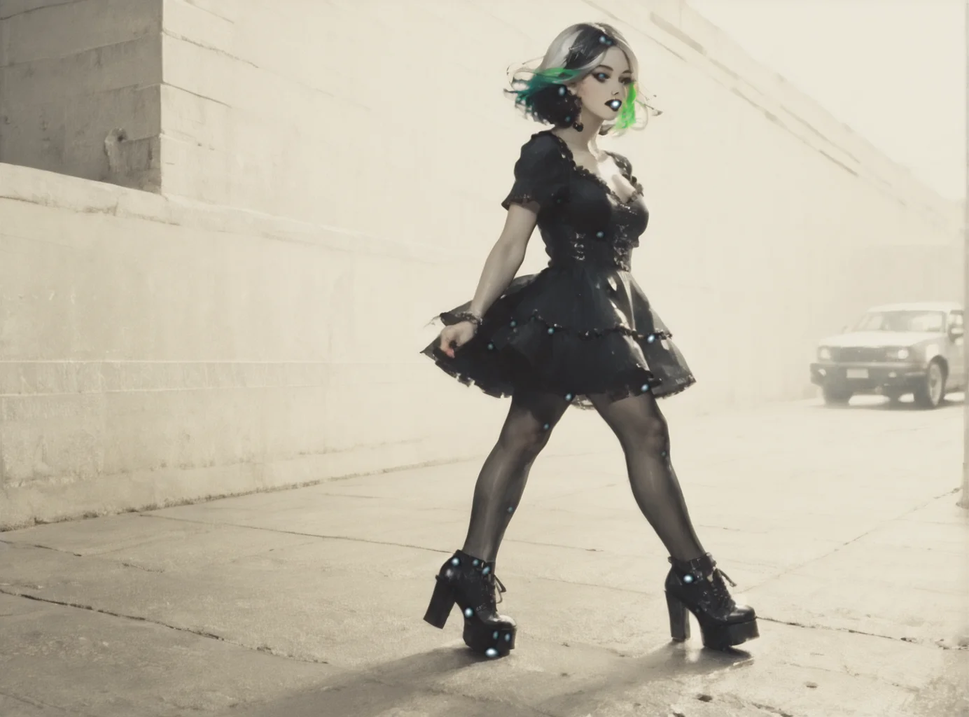score_9, score_8_up, score_7_up, character in profile, walking, looking at surroundings, woman, pale skin, large breasts, <lora:sm0k3XLP:1>, <lora:goth_clothes:1>, goth dress, gothic, black dress, detailed dress, black high heeled shoes, neon hair color, two tone hair, <lora:Our_Muted_Future_Style:1>, <lora:Urban_Liminal_Underground_Construction_Style_Background:1>,