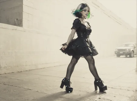 score_9, score_8_up, score_7_up, character in profile, walking, looking at surroundings, woman, pale skin, large breasts, <lora:sm0k3XLP:1>, <lora:goth_clothes:1>, goth dress, gothic, black dress, detailed dress, black high heeled shoes, neon hair color, two tone hair, <lora:Our_Muted_Future_Style:1>, <lora:Urban_Liminal_Underground_Construction_Style_Background:1>,