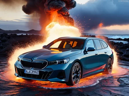 <lora:i5 touring:0.75>,
BMW i5 touring,
A Futuristic car in a lava pool,lava,lava Splash,smoke,melting,splashes,explosion,exploding,hyperdetailed,, masterpiece, best quality,
