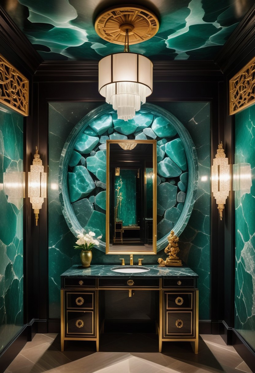 a cabaret singer's smoky dressing room within a crystal cavern; the cavern wall is a granite blend of obsidian, quartz, and jade. (The room is illuminated by a pair frosted-jade or soapstone sconces, inset into the wall on either side of a vanity mirror). Several beautiful and varied ao dai dresses hang from a clothing rack next to an ornate armoire. the neo-noir ambience combines a sense of intrigue with opulence.