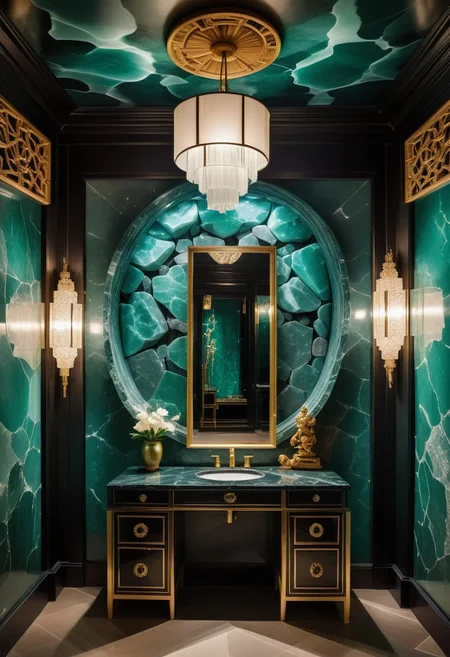 a cabaret singer's smoky dressing room within a crystal cavern; the cavern wall is a granite blend of obsidian, quartz, and jade. (The room is illuminated by a pair frosted-jade or soapstone sconces, inset into the wall on either side of a vanity mirror). Several beautiful and varied ao dai dresses hang from a clothing rack next to an ornate armoire. the neo-noir ambience combines a sense of intrigue with opulence.