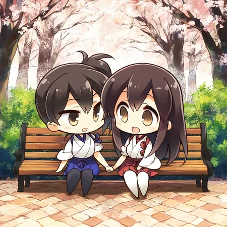 (masterpiece, best quality, highres, absurdres, very detailed, very aesthetic:1.22), (detailed eyes), chibi, akagi \(kancolle\), kaga \(kancolle\), 2girls, :d, full body, holding hands, detailed scenery, park bench, <lora:komowata_haruka_ct15v_1-04:1>