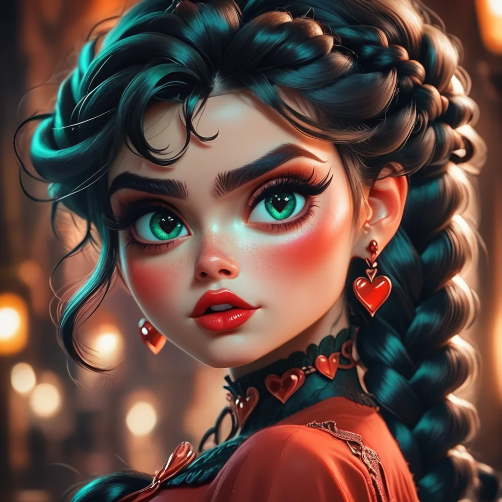 Score_9, score_8_up, score_7_up, score_6_up, BREAK <lora:3D_Fairytales_r2:1> 3D Fairytales, The image shows a girl with long black hair and green eyes wearing a red dress with a heart-shaped object in her hand against a blurred background., 1girl, solo, earrings, heart, braid, jewelry, looking at viewer, heart earrings, long hair, portrait