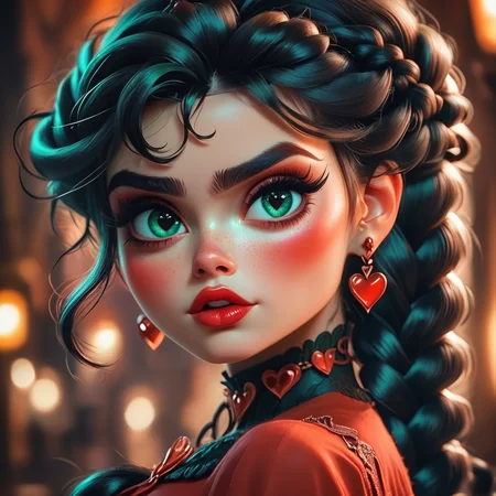 Score_9, score_8_up, score_7_up, score_6_up, BREAK <lora:3D_Fairytales_r2:1> 3D Fairytales, The image shows a girl with long black hair and green eyes wearing a red dress with a heart-shaped object in her hand against a blurred background., 1girl, solo, earrings, heart, braid, jewelry, looking at viewer, heart earrings, long hair, portrait