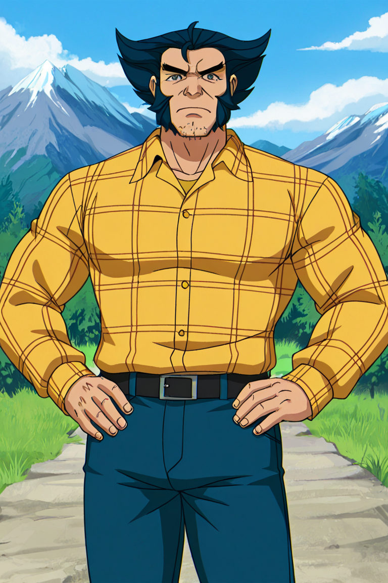 masterpiece, best quality, highres, newest, anime coloring, logan, 1boy, solo, male focus, mature male, short hair, dark blue hair, grey eyes, thick eyebrows, facial hair, stubble, cleft chin, long sideburns, mutton chops, wrinkled skin, manly, muscular male, yellow shirt, plaid shirt, collared shirt, long sleeves, blue pants, jeans, black belt, belt buckle, expressionless, hands on own hips, looking at viewer, facing viewer, standing, cowboy shot, outdoors, blue sky, cloud, mountain <lora:Logan - X-Men 97 - v1.0 [LoRA] - Illustrious-XL v0.1:0.8>