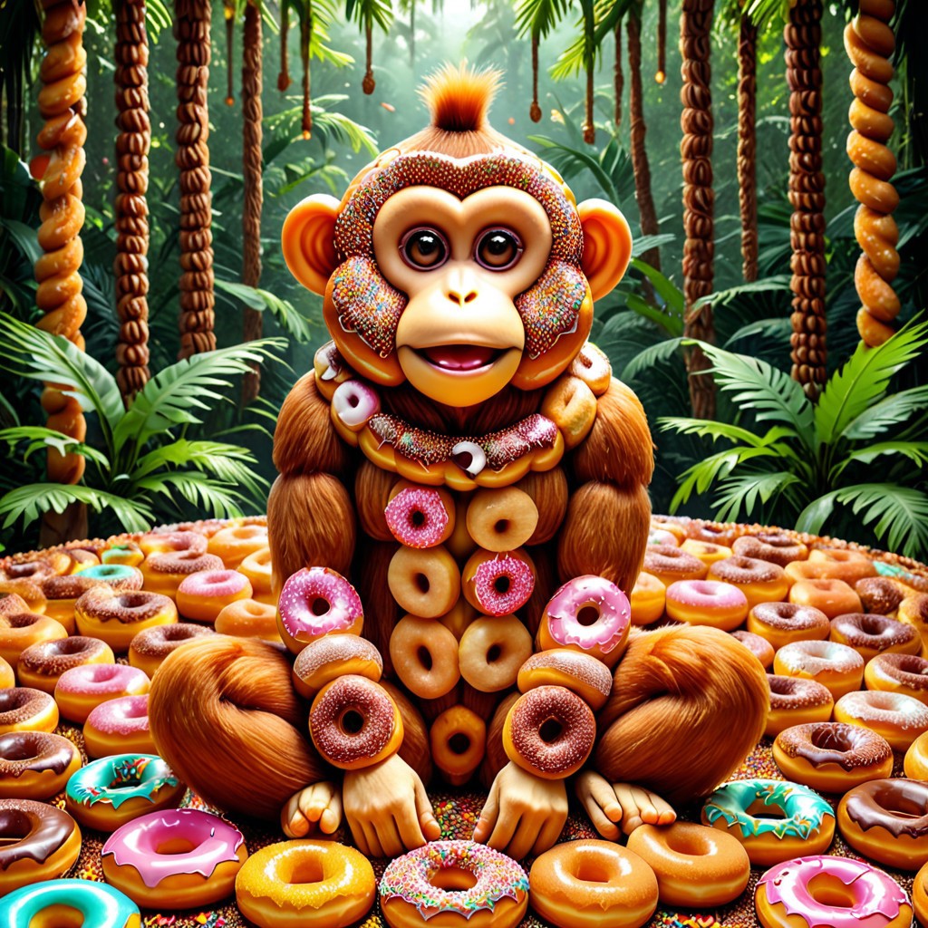 DonutMention, a monkey made of donuts, sprinkles, in the donut jungle, masterpiece, high detail