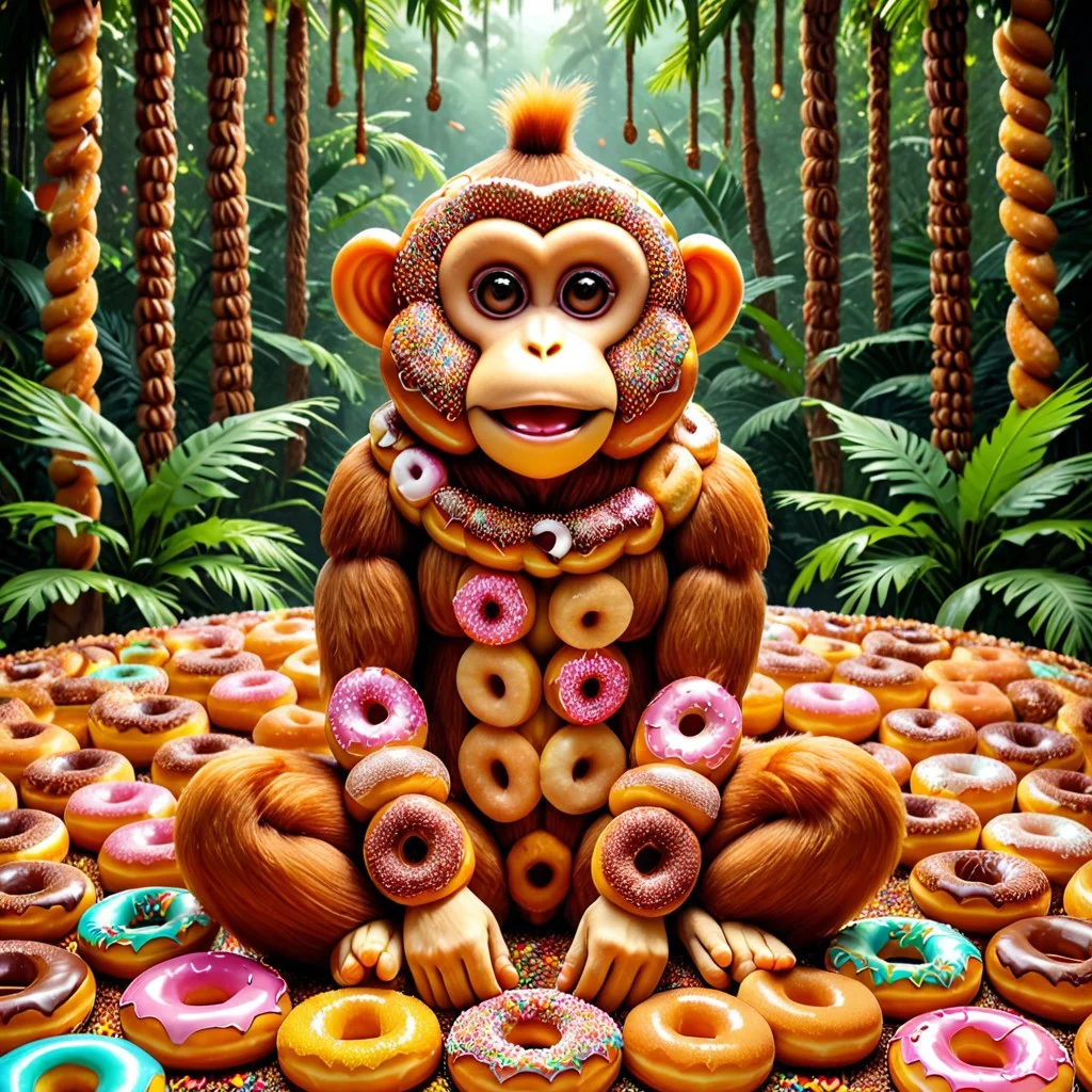 DonutMention, a monkey made of donuts, sprinkles, in the donut jungle, masterpiece, high detail