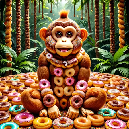 DonutMention, a monkey made of donuts, sprinkles, in the donut jungle, masterpiece, high detail