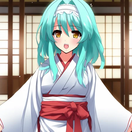 score_9, score_8_up, score_7_up, source_anime, NonakaYuki, 1girl, solo, closed mouth, light smile, blush, aqua hair, yellow eyes, side braid, YukiWedding, japanese clothes, (hood:1.2), white kimono, red sash, standing, looking at the viewer, indoors