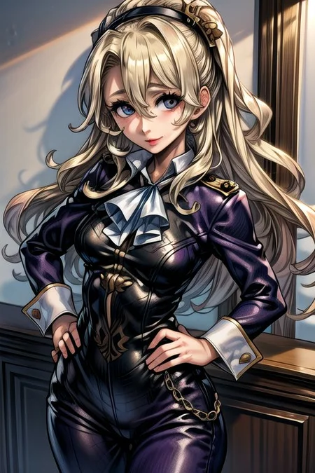 masterpiece, Lily Kokoschka , best quality, best quality, ultra-detailed, highres,sharp focus,(ultra detailed,extremely detailed), 1girl,(masterpiece, best quality), LilyKOKOSCHKA, 1girl, solo, long hair, small breasts, blonde hair, hair between eyes, uniform, ascot, wavy hair, eyes visible through hair, white ascot, riding pants, hungry clicker, Hands on Hips,