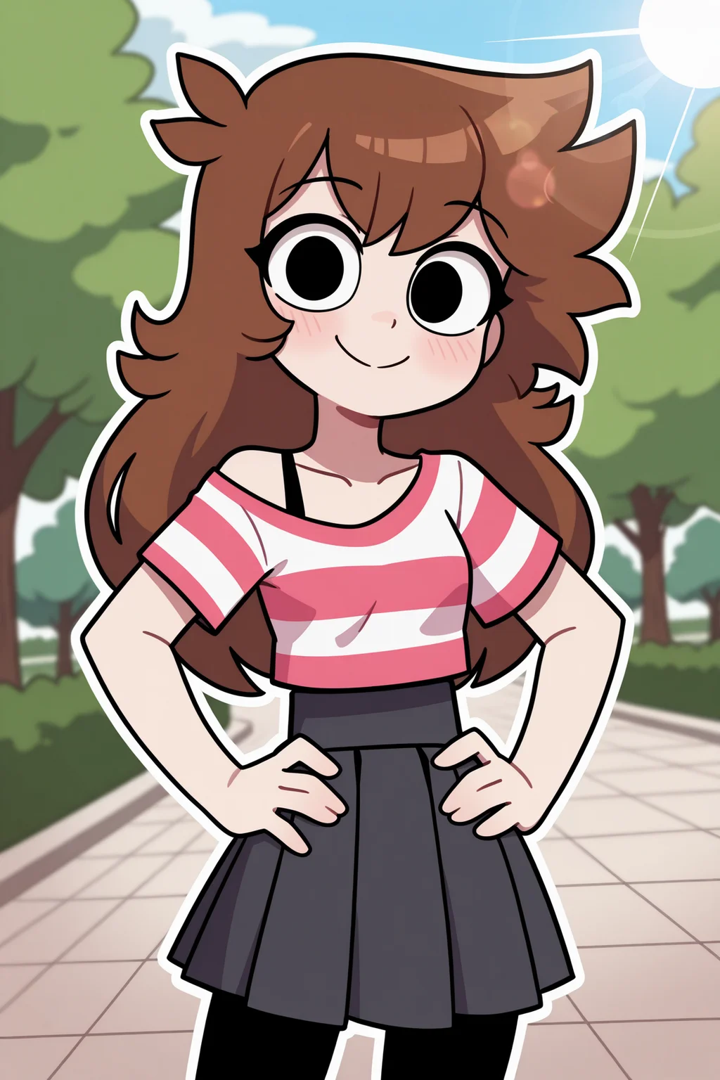 <lora:shgurr_yt_ILL:1> 2d, omsshgurr, 1girl, cartoon, brown hair, black eyes, long hair, bangs, striped shirt, off shoulder shirt, bra strap,pleated skirt, black pantyhose,
looking at viewer, smile,
amazing quality,very aesthetic,absurdres,newest,
outdoors, park, sunny,
hands on hip, cowboy shot, BREAK depth of field, blurry background, dutch angle, dynamic angle, white outline, lens flare