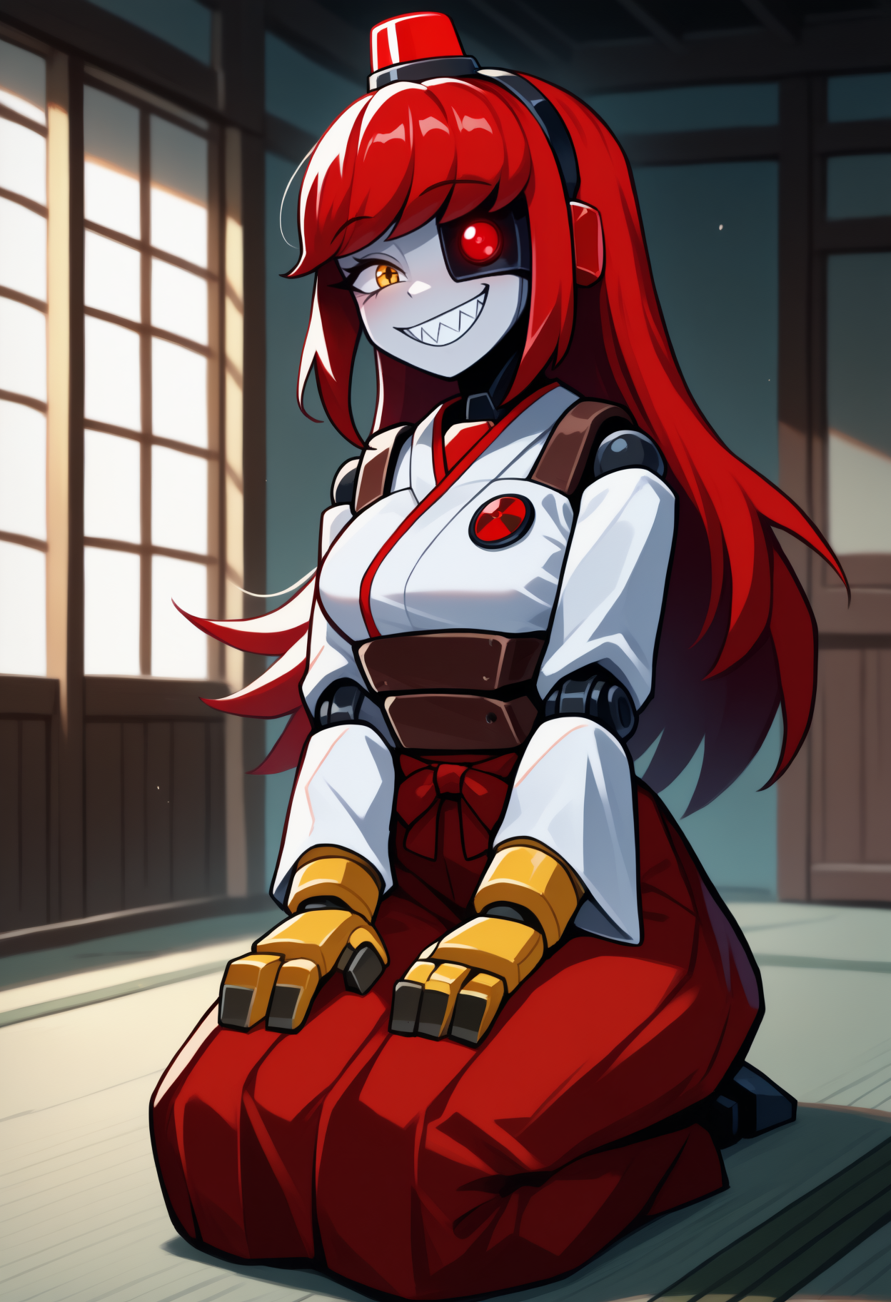 anime, masterpiece, best quality, newest, full body, solo, 1girl, m1m1, robot girl, robot joints, fewer digits, sharp teeth, grin, looking at viewer, seiza, hands on own thighs, long hair, red hair, black hairband, red headwear, mini hat, heterochromia, yellow eyes, artificial eye, red eyes, japanese clothes, white kimono, long sleeves, yellow gloves, red hakama, hakama skirt, indoors, east asian architecture
<segment:yolo-Anzhc Face seg 640 v2 y8n.pt,0.4,0.5//cid=1>