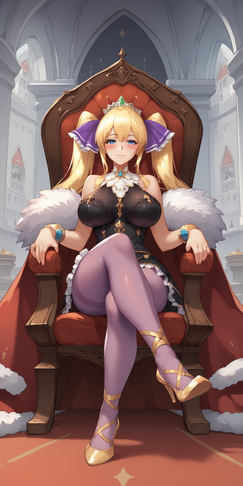 score_9, score_8_up, score_7_up, 1girl, mature female, shiny skin, <lora:Expressive_H:0.8>, <lora:Alberta-10:0.8>,alberta, bare shoulders, blonde hair, blue eyes, blush, breasts, red cape, tiara, fur-trimmed cape, fur-trimmed sleeves, fur trim, large breasts, looking at viewer, purple pantyhose, sitting, black corset, black skirt, black shirt, sleeveless, halterneck, smile, solo, throne, twintails, very long hair, frills, full body, jewelry, gold footwear, high heels, bracelet, hair ribbon, purple ribbon, white garter, white collar,indoors, castle, arms at sides, crossed legs,