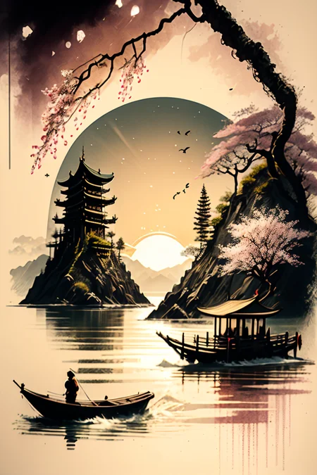 <lora:Calligraphy-ink-style-darquelilly-v1:1> calligraphyinkstyle, sunlight, midday sun, summer, volumetric lighting, sunshine reflected in the water, black background, peaceful atmosphere, detail colour is yellow, a cherry blossom tree, blooming flowers