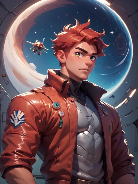 score_9, score_8_up, score_7_up, score_6_up, score_5_up, score_4_up,<lora:OtherStyle_05V1:0.8>, man, space,solo,red hair,jacket,male focus,mecha armor,space