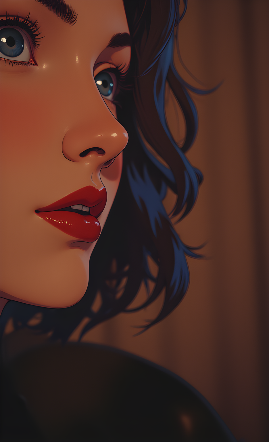 Extreme close-up side profile of a woman's face, sharply detailed with cinematic depth of field. She has dark brown hair with vivid blue specular highlights  catching the light, flowing subtly across her shoulder. Her lips are full and painted deep red , slightly parted mid-breath, with fine texture visible in the lip gloss and skin pores. Her blue eyes  are alert and focused, gazing intensely to the right side of the frame, conveying subtle tension or anticipation. The lighting is directional and soft-contrasty, highlighting the curve of her nose, the contour of her jawline, and the delicate shadow under her chin. Background is blurred and neutral-dark, emphasizing only the facial details. Mood is intense yet elegant â perfect for fashion editorials or character storytelling. Hyper-realistic textures in skin, hair, and lips, with naturalistic lighting and rich color grading., <lora:FLUX\jul\J_Anime:0.7>