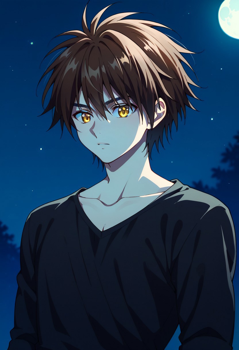 score_9, score_8_up, score_7_up, source_anime, highly detailed, 
TraiHea,  solo, brown hair, 1boy, male focus, yellow eyes, shirt, black shirt, upper body, medium hair,
outdoor, night, moon,