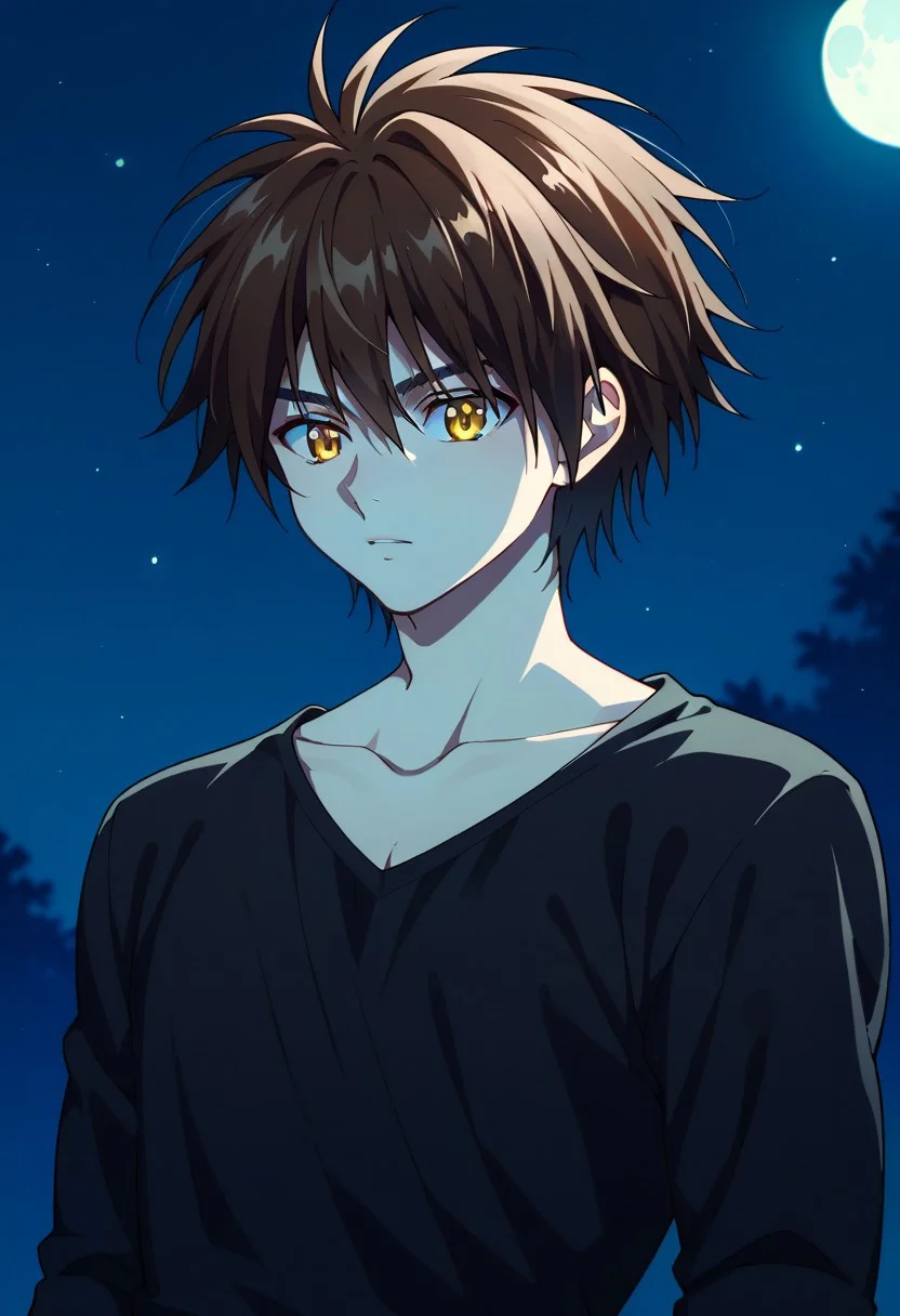 score_9, score_8_up, score_7_up, source_anime, highly detailed, 
TraiHea,  solo, brown hair, 1boy, male focus, yellow eyes, shirt, black shirt, upper body, medium hair,
outdoor, night, moon,