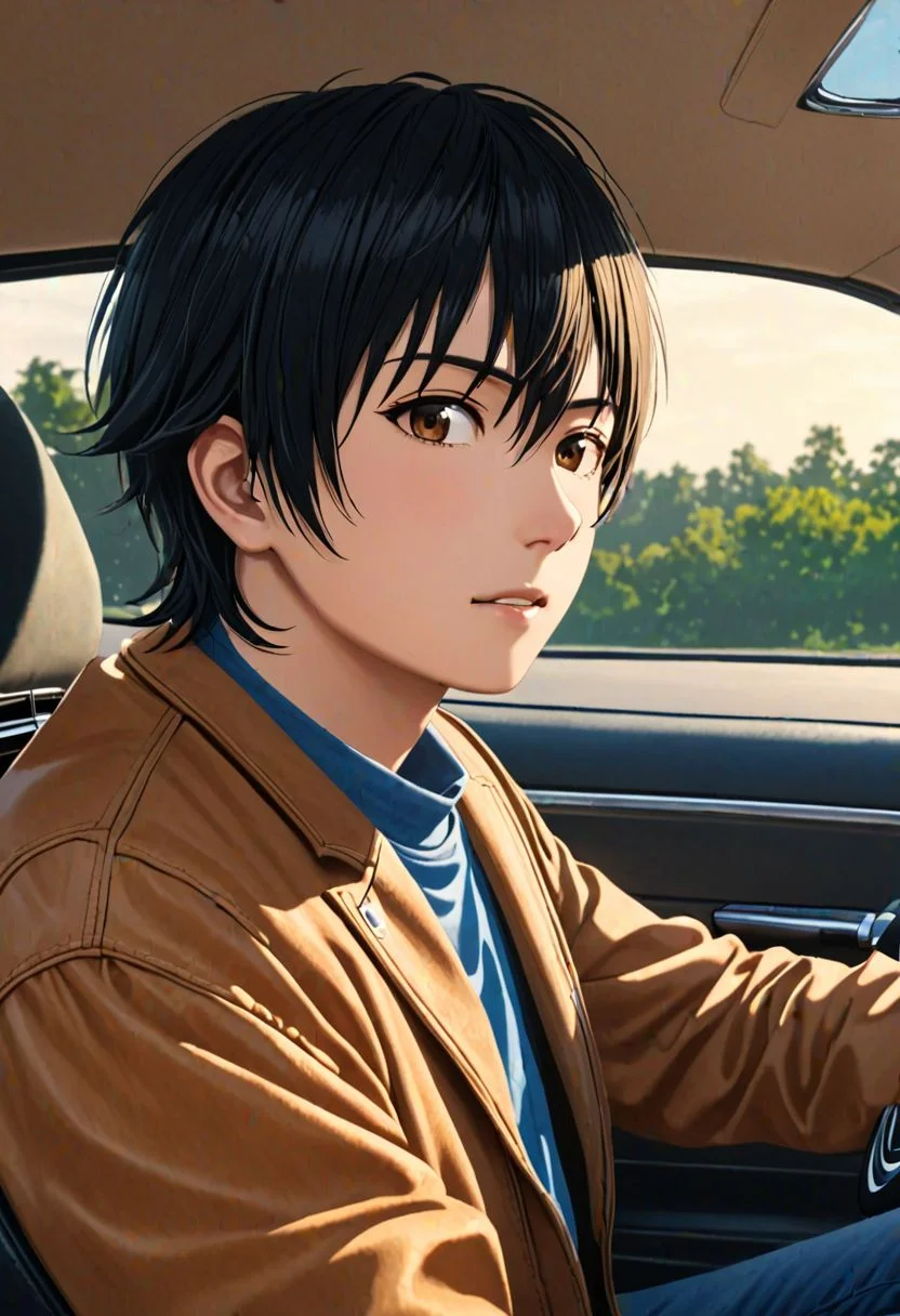 Highres, Masterpiece, High Quality, 4K, Yuusuke Fujisaki, 1boy, solo, black hair, Driving A Car, Realistic Light, potrait, Candid Photo