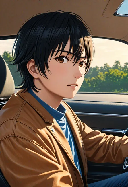 Highres, Masterpiece, High Quality, 4K, Yuusuke Fujisaki, 1boy, solo, black hair, Driving A Car, Realistic Light, potrait, Candid Photo
