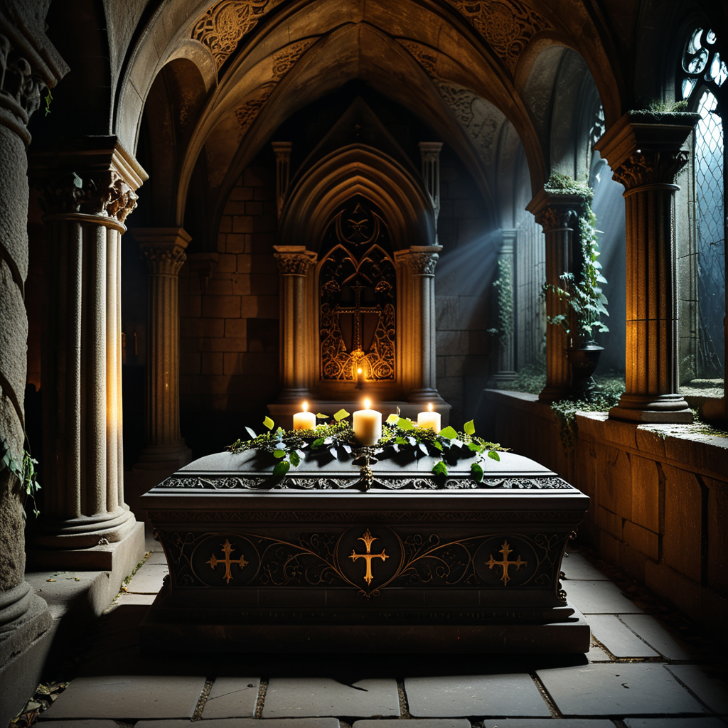 horror-themed A dramatic and atmospheric photograph of the interior of an ancient crypt, dimly lit by flickering candlelight. The crypt features old, cracked stone walls covered in moss and ivy, with intricate carvings and Gothic details etched into the stone. At the center of the crypt lies an ornate vampire coffin, made of dark, polished wood with silver and gold inlays, adorned with ancient symbols and intricate Gothic patterns. The coffin is slightly ajar, revealing a glimpse of red velvet lining. Surrounding the coffin are scattered bones, dusty cobwebs, and antique candelabras with melting candles, casting eerie shadows across the crypt. The mood is dark, mysterious, and hauntingly beautiful, with subtle rays of pale moonlight filtering through a small, broken stained-glass window.
<lora:SDXLFaeTastic2400:0.4> <lora:extremely_detailed:0.4> extremely detailed,, eerie, unsettling, dark, spooky, suspenseful, grim, highly detailed, Masterpiece,best quality,hi res,8k,hi res,8k,award winning,(sharp focus, intricate, highly detailed),
