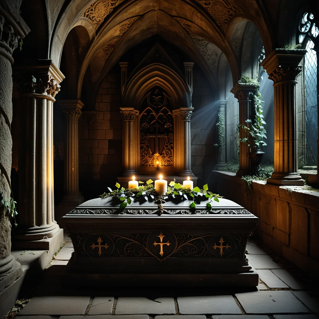 horror-themed A dramatic and atmospheric photograph of the interior of an ancient crypt, dimly lit by flickering candlelight. The crypt features old, cracked stone walls covered in moss and ivy, with intricate carvings and Gothic details etched into the stone. At the center of the crypt lies an ornate vampire coffin, made of dark, polished wood with silver and gold inlays, adorned with ancient symbols and intricate Gothic patterns. The coffin is slightly ajar, revealing a glimpse of red velvet lining. Surrounding the coffin are scattered bones, dusty cobwebs, and antique candelabras with melting candles, casting eerie shadows across the crypt. The mood is dark, mysterious, and hauntingly beautiful, with subtle rays of pale moonlight filtering through a small, broken stained-glass window.
<lora:SDXLFaeTastic2400:0.4> <lora:extremely_detailed:0.4> extremely detailed,, eerie, unsettling, dark, spooky, suspenseful, grim, highly detailed, Masterpiece,best quality,hi res,8k,hi res,8k,award winning,(sharp focus, intricate, highly detailed),