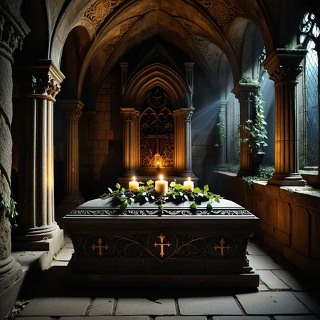 horror-themed A dramatic and atmospheric photograph of the interior of an ancient crypt, dimly lit by flickering candlelight. The crypt features old, cracked stone walls covered in moss and ivy, with intricate carvings and Gothic details etched into the stone. At the center of the crypt lies an ornate vampire coffin, made of dark, polished wood with silver and gold inlays, adorned with ancient symbols and intricate Gothic patterns. The coffin is slightly ajar, revealing a glimpse of red velvet lining. Surrounding the coffin are scattered bones, dusty cobwebs, and antique candelabras with melting candles, casting eerie shadows across the crypt. The mood is dark, mysterious, and hauntingly beautiful, with subtle rays of pale moonlight filtering through a small, broken stained-glass window.
<lora:SDXLFaeTastic2400:0.4> <lora:extremely_detailed:0.4> extremely detailed,, eerie, unsettling, dark, spooky, suspenseful, grim, highly detailed, Masterpiece,best quality,hi res,8k,hi res,8k,award winning,(sharp focus, intricate, highly detailed),