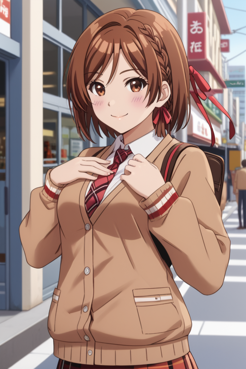 Japanese girl, <lora:sakuramori_akane_cnd_pony:1> sakuramori akane, 1girl, solo, looking at viewer, blush, smile, short hair, brown hair, shirt, long sleeves, ribbon, brown eyes, school uniform, hair ribbon, white shirt, braid, necktie, collared shirt, plaid skirt, cardigan, red necktie, single side braid, one hand on chest, brown cardigan, pedestrian, cities shopping district, side view, proportional body, cowboy shot, full body