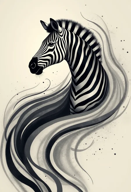 "Design an abstract image representing emotional recovery and growth, inspired by the distinctive patterns of zebras. Use dynamic, rhythmic lines that suggest the flowing stripes of a zebra, with the lines curving and intersecting to create a sense of continuity and connection. The color palette should primarily feature black and white, but with the addition of subtle, calming tones like soft gray or pale ivory, creating a balanced and harmonious composition. Abstract elements such as the suggestion of a zebra's eye, the outline of a zebra's head, or the texture of fur can be subtly integrated into the design. The overall composition should evoke a sense of balance, strength, and the calming power of natural patterns, symbolizing the transition from emotional struggle to a state of peace and recovery."