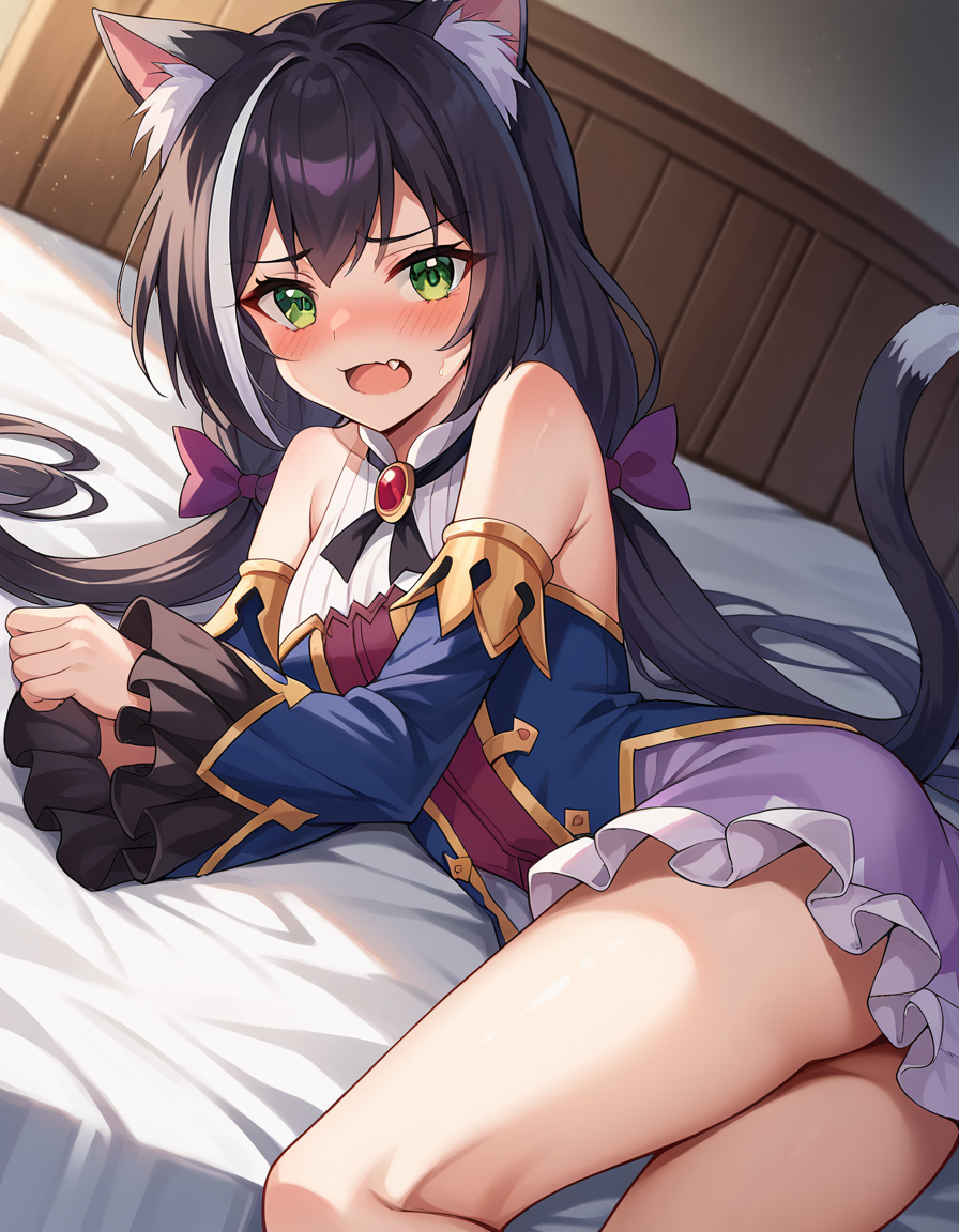score_9, score_8_up, score_7_up, source_anime,
princessconnectkaryl, <lora:princess-connect-karyl-ponyxl-lora-nochekaiser:1>
karyl, animal ear fluff, animal ears, black hair, black ribbon, cat ears, cat girl, cat tail, fang, green eyes, hair bow, long hair, low twintails, multicolored hair, purple bow, ribbon, skin fang, streaked hair, tail, twintails, vertical stripes, white hair,
arm support, blue sleeves, bow, brooch, detached sleeves, dress, frilled sleeves, frills, multicolored clothes, multicolored dress, neck ribbon, sleeveless, sleeveless dress, striped,
indoors, bed, bed room, on side, blush, drunk,
looking at viewer, dutch angle, cowboy shot